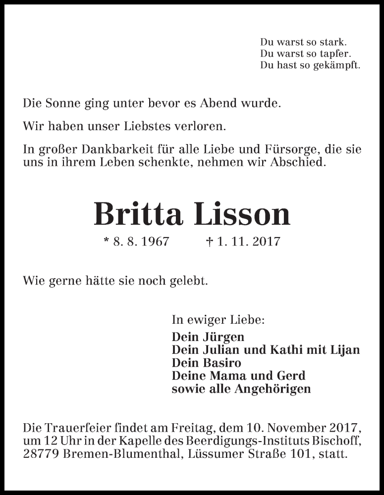  Traueranzeige für Britta Lisson vom 06.11.2017 aus Die Norddeutsche