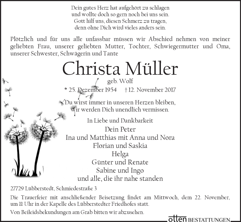  Traueranzeige für Christa Müller vom 16.11.2017 aus Osterholzer Kreisblatt