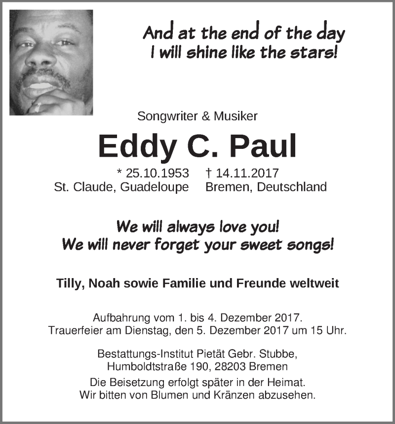  Traueranzeige für Eddy C. Paul vom 29.11.2017 aus WESER-KURIER