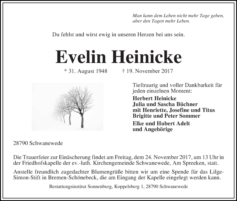  Traueranzeige für Evelin Heinicke vom 22.11.2017 aus WESER-KURIER