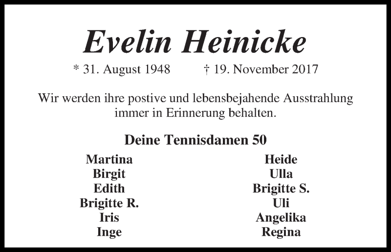  Traueranzeige für Evelin Heinicke vom 24.11.2017 aus Die Norddeutsche
