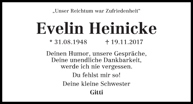  Traueranzeige für Evelin Heinicke vom 24.11.2017 aus WESER-KURIER