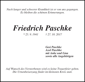 Traueranzeige von Friedrich Paschke