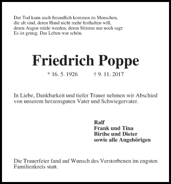 Traueranzeige von Friedrich Poppe