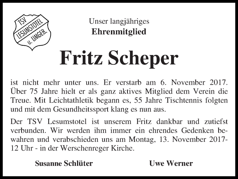 Traueranzeige von Fritz Scheper von Osterholzer Kreisblatt