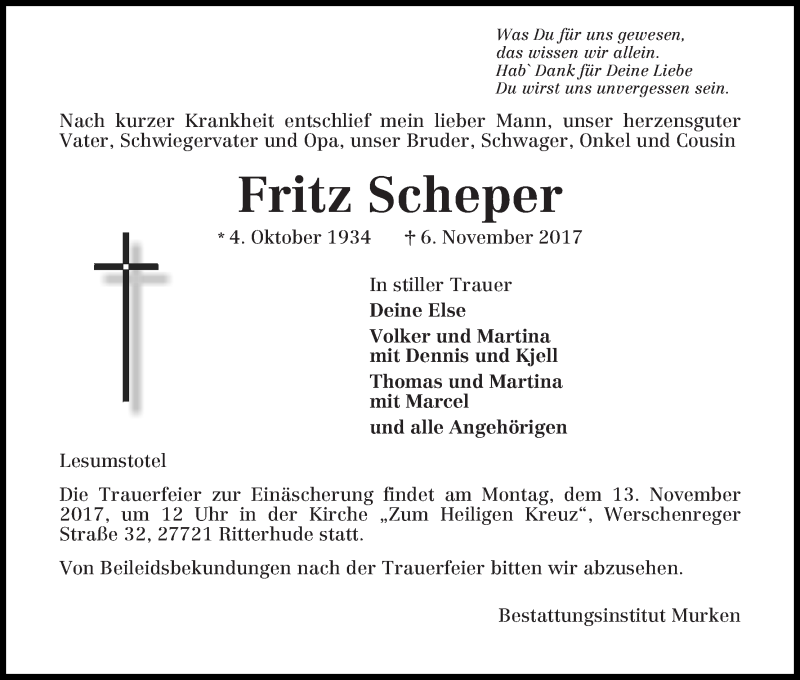 Traueranzeige von Fritz Scheper von Osterholzer Kreisblatt