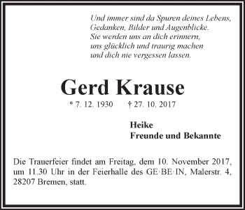 Traueranzeige von Gerd Krause