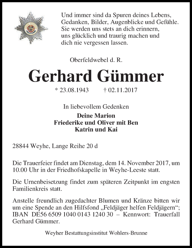  Traueranzeige für Gerhard Gümmer vom 07.11.2017 aus Regionale Rundschau/Syker Kurier