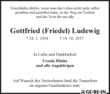 Traueranzeige von Gottfried (Friedel) Ludewig