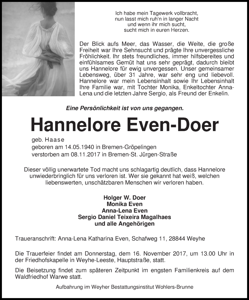  Traueranzeige für Hannelore Even-Doer   vom 13.11.2017 aus WESER-KURIER
