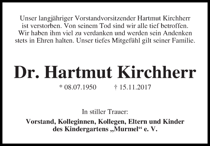  Traueranzeige für Hartmut Kirchherr vom 25.11.2017 aus WESER-KURIER