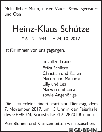 Traueranzeige von Heinz-Klaus Schütze