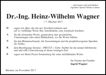 Traueranzeige von Heinz-Wilhelm Wagner