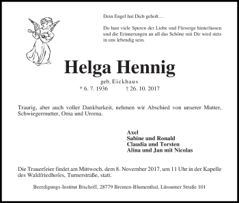 Traueranzeige von Helga Hennig