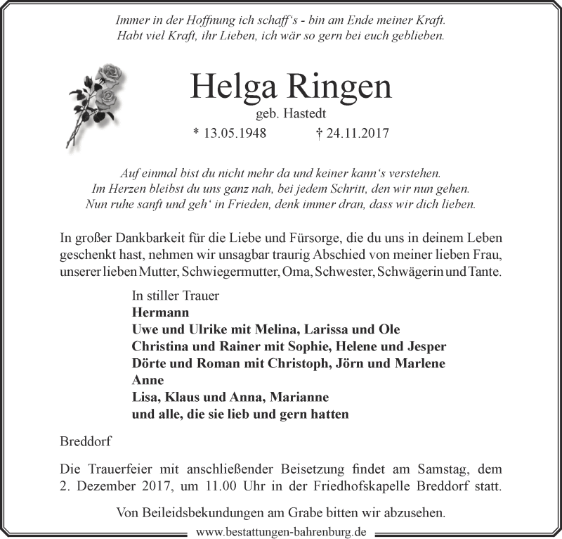  Traueranzeige für Helga Ringen vom 30.11.2017 aus Wuemme Zeitung