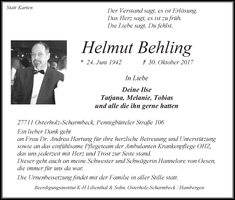  Traueranzeige für Helmut Behling vom 04.11.2017 aus Osterholzer Kreisblatt