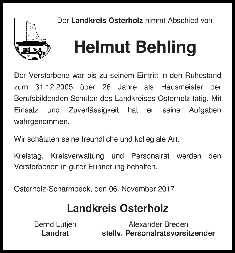 Traueranzeige für Helmut Behling vom 07.11.2017 aus Osterholzer Kreisblatt