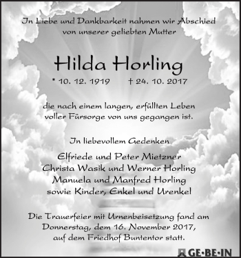 Traueranzeige von Hilda Horling