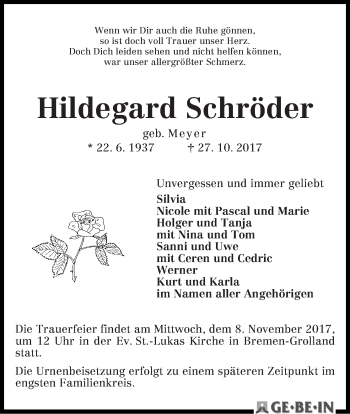 Traueranzeige von Hildegard Schröder