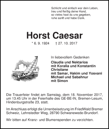 Traueranzeige von Horst Caesar
