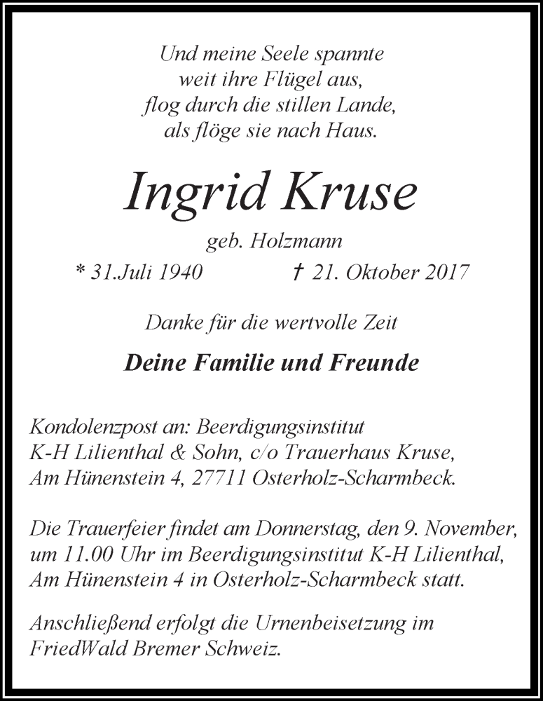 Traueranzeigen von Ingrid Kruse | Trauer & Gedenken