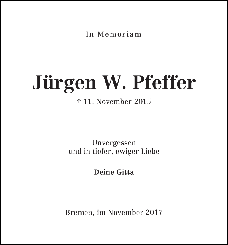 Traueranzeige von Jürgen  Pfeffer von WESER-KURIER