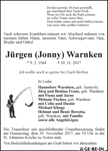 Traueranzeige von Jürgen Warnken