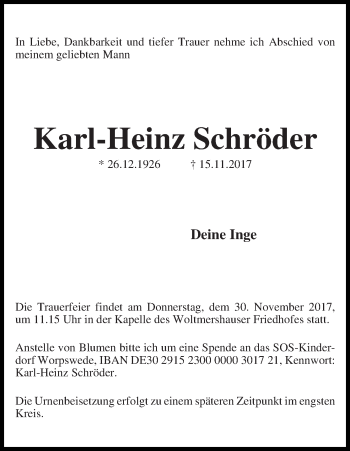 Traueranzeige von Karl-Heinz Schröder