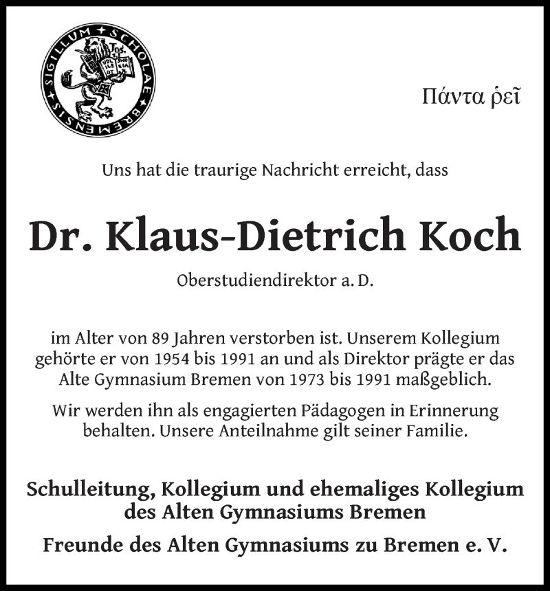  Traueranzeige für Klaus-Dietrich Koch vom 04.11.2017 aus WESER-KURIER