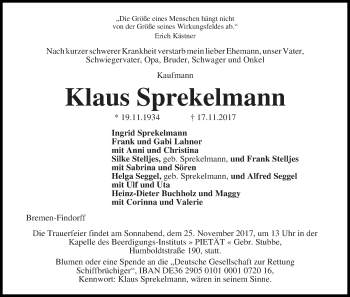 Traueranzeige von Klaus Sprekelmann