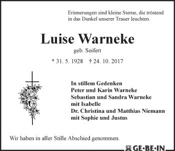 Traueranzeige von Luise Warneke