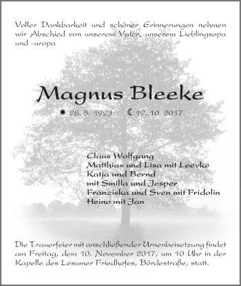 Traueranzeige von Magnus Bleeke