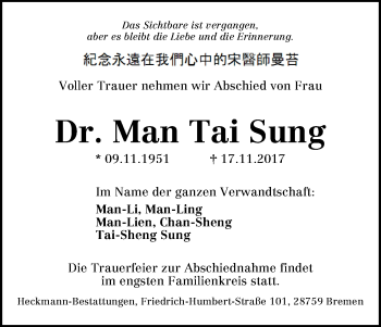 Traueranzeige von Man Tai Sung