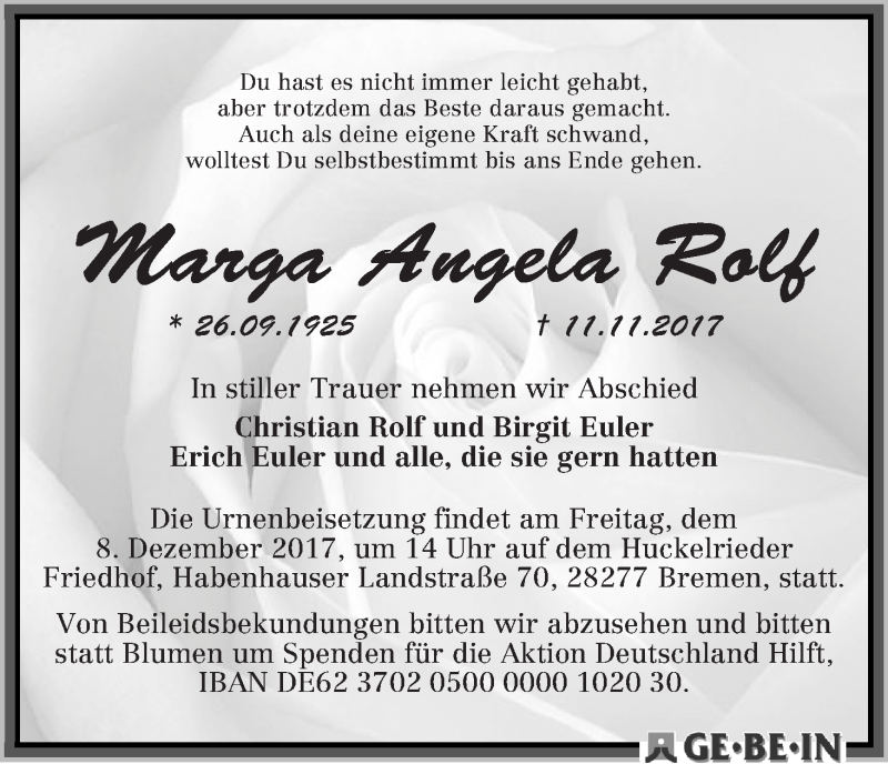 Traueranzeige von Marga Angela Rolf von WESER-KURIER