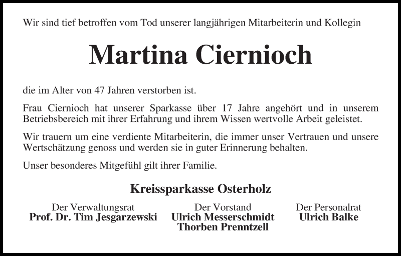  Traueranzeige für Martina Ciernioch vom 16.11.2017 aus Osterholzer Kreisblatt