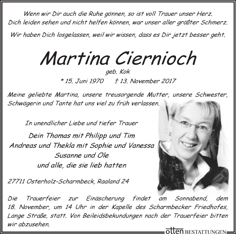  Traueranzeige für Martina Ciernioch vom 15.11.2017 aus Osterholzer Kreisblatt