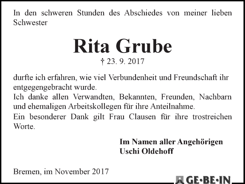  Traueranzeige für Rita Grube vom 25.11.2017 aus WESER-KURIER