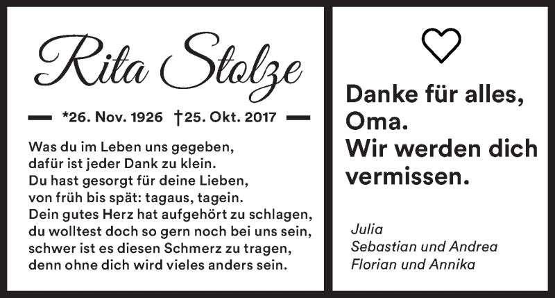  Traueranzeige für Rita Stolze vom 04.11.2017 aus Wuemme Zeitung