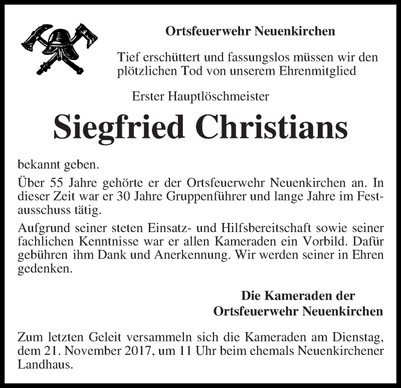 Traueranzeige von Siegfried Christians von Die Norddeutsche