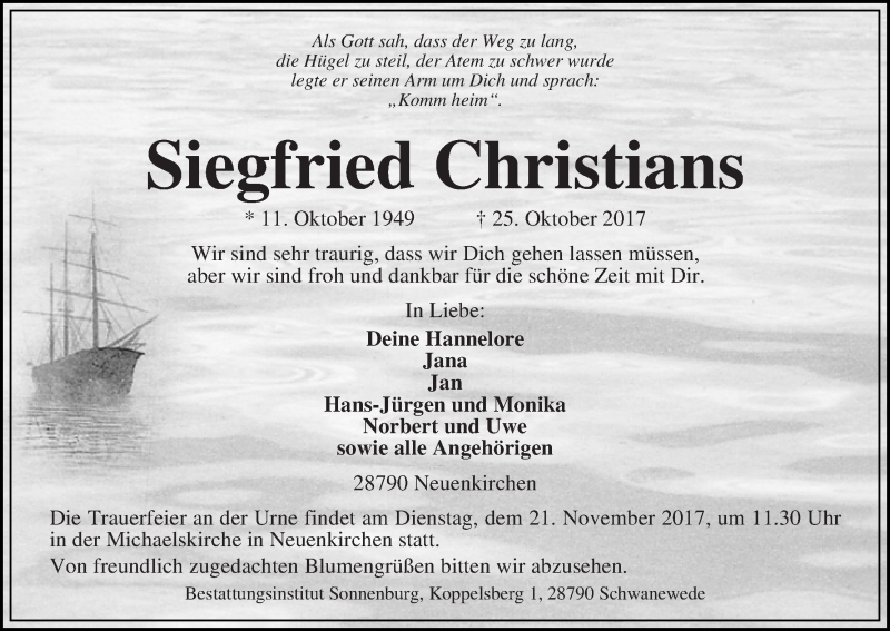 Traueranzeige von Siegfried Christians von Die Norddeutsche