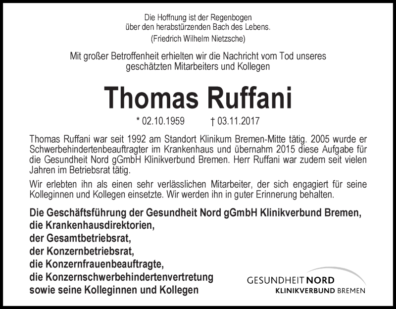  Traueranzeige für Thomas Ruffani vom 11.11.2017 aus WESER-KURIER