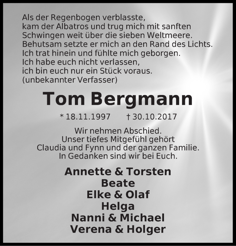  Traueranzeige für Tom Bergmann vom 07.11.2017 aus Die Norddeutsche