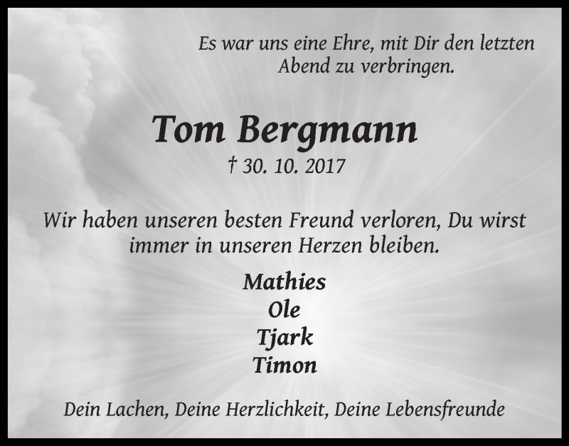  Traueranzeige für Tom Bergmann vom 04.11.2017 aus Die Norddeutsche