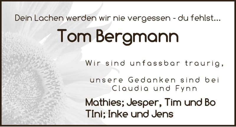  Traueranzeige für Tom Bergmann vom 04.11.2017 aus Die Norddeutsche