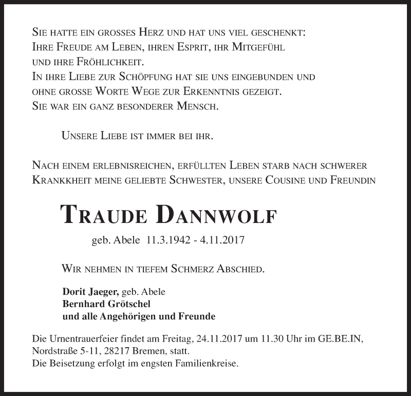 Traueranzeigen Von Traude Dannwolf | Trauer & Gedenken