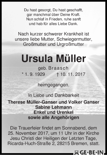 Traueranzeige von Ursula Müller