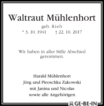 Traueranzeige von Waltraut Mühlenhort