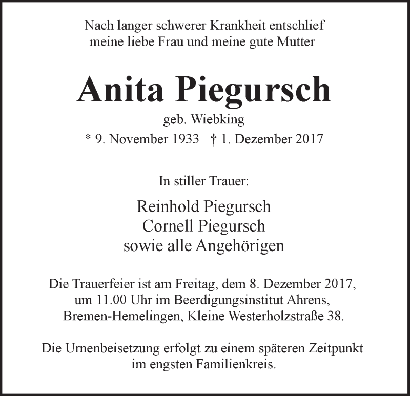 Traueranzeige von Anita Piegursch von WESER-KURIER