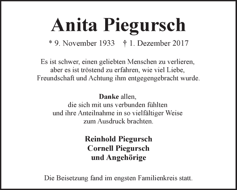 Traueranzeige von Anita Piegursch von WESER-KURIER