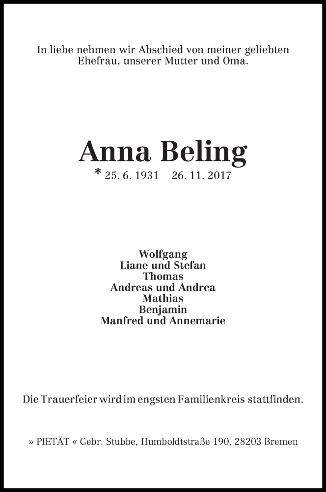  Traueranzeige für Anna Beling vom 04.12.2017 aus WESER-KURIER